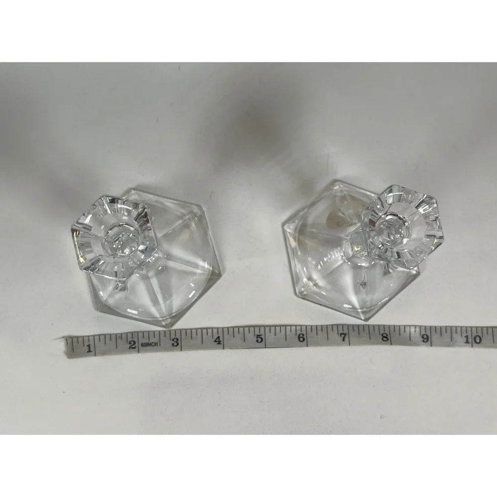 Vintage 24% Lead Crystal Hexagon Taper Candle Holders Set of 2 Made in USA 4in
